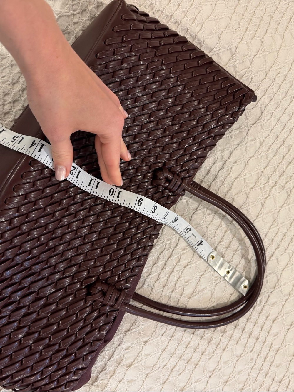 Woven Vegan Leather Shoulder Tote in Deep Burgundy - Picture 12 of 12
